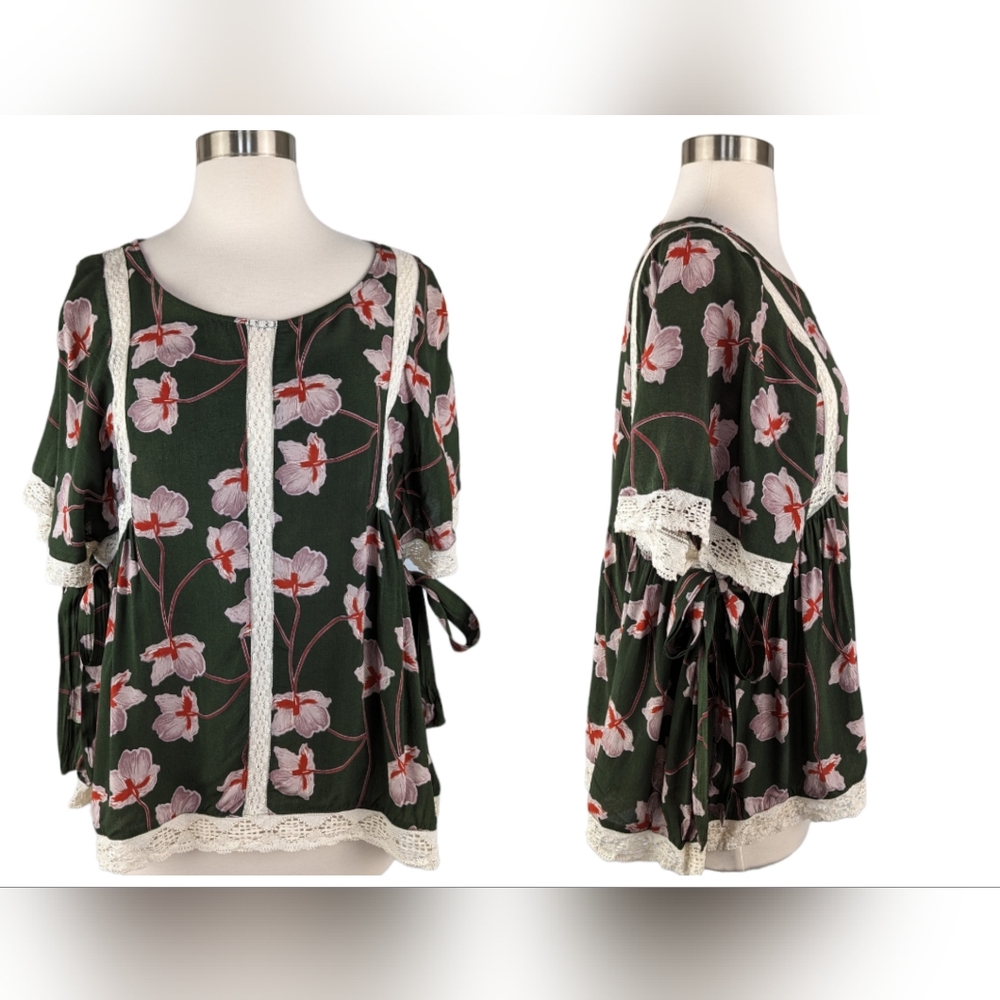 Entro Floral Babydoll Side Tie Blouse Top L
